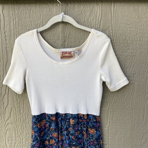 Vtg 90's Studio Ease Maxi Dress Sz 6 Floral Navy  Ivory Waffle Prairie Cottage - Picture 3 of 8